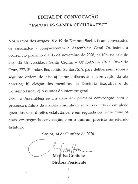 Edital de Convocação “Esportes Santa Cecília – ESC”