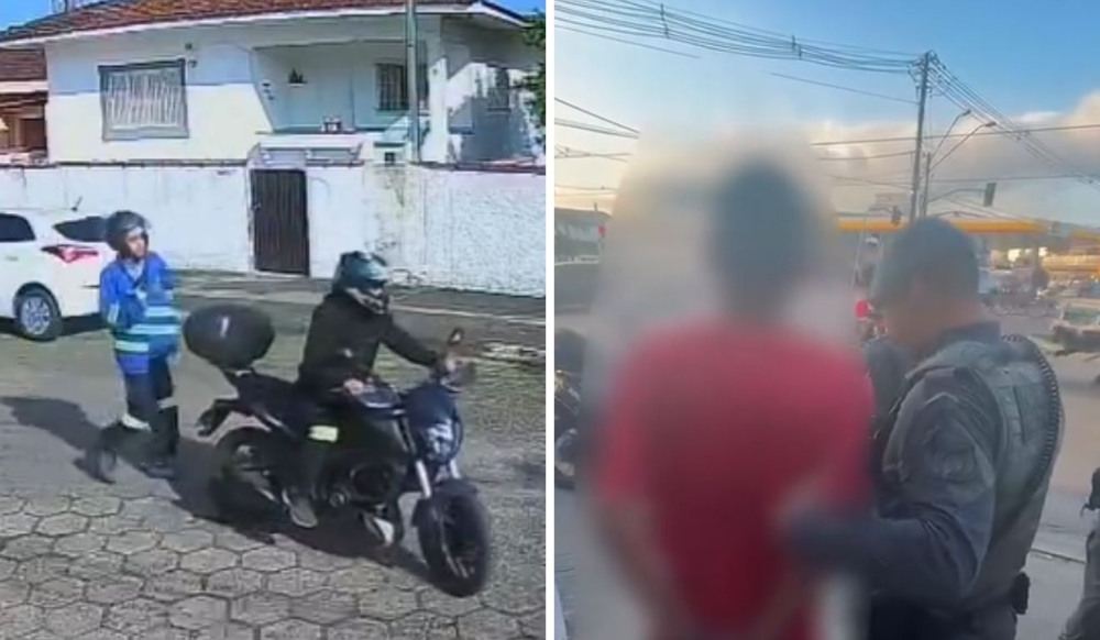 Suspeito de roubar moto é flagrado por câmera e acaba preso em São Vicente; VÍDEO