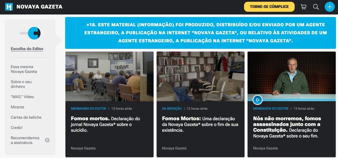 Jornal independente Novaya Gazeta fecha na Rússia