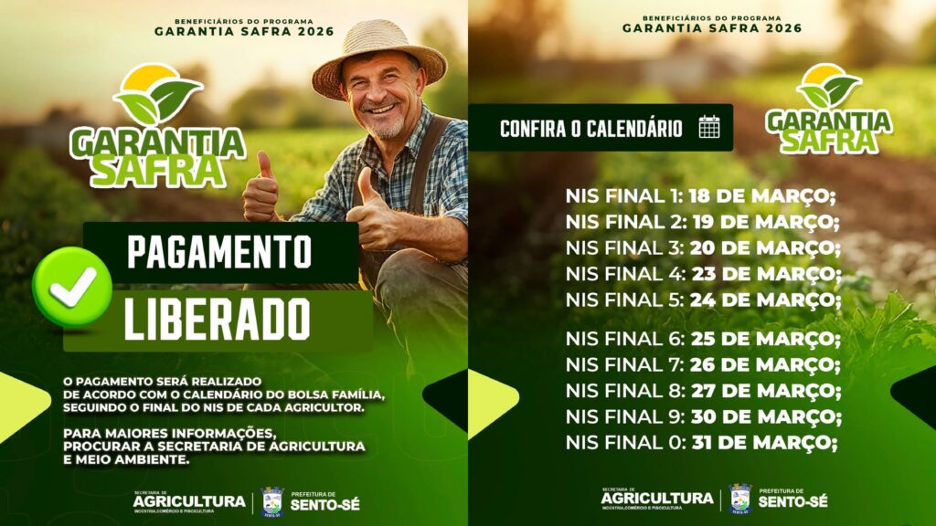 Calendário do Garantia Safra 2026 é divulgado em Sento Sé; veja datas de pagamento