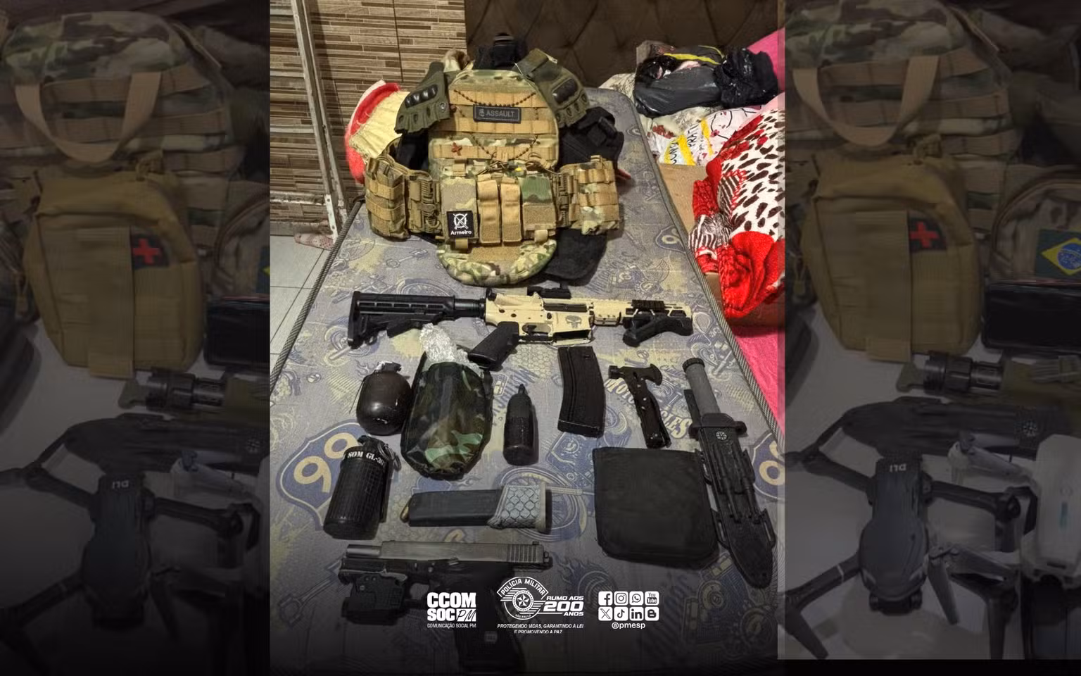 PM de SP apreende arsenal no Guarujá com fuzil, submetralhadora, espingardas, drones e explosivos